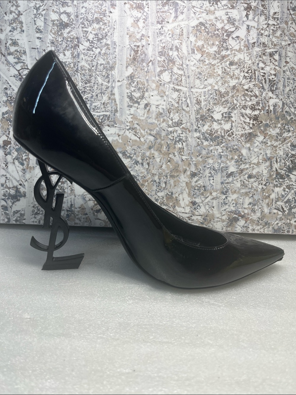 Saint Laurent Opyum 110 Pump Glossy Black Patent Leather Metal YSL Monogram Heel